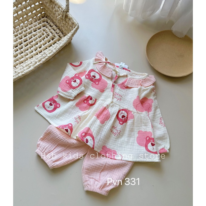 Bộ Thu Đông Dài Tay Cho Bé Gái Chất Vải Cao Cấp Xô Muslin Mềm Mịn , Bộ Đồ Ngủ Babydoll Họa Tiết Đáng Yêu