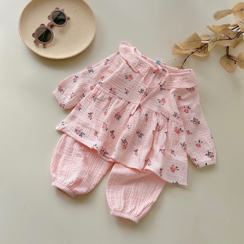 Bộ Thu Đông Dài Tay Cho Bé Gái Chất Vải Cao Cấp Xô Muslin Mềm Mịn , Bộ Đồ Ngủ Babydoll Họa Tiết Đáng Yêu