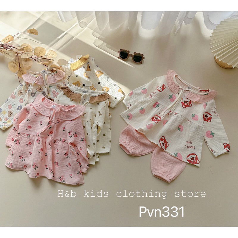 Bộ Thu Đông Dài Tay Cho Bé Gái Chất Vải Cao Cấp Xô Muslin Mềm Mịn , Bộ Đồ Ngủ Babydoll Họa Tiết Đáng Yêu