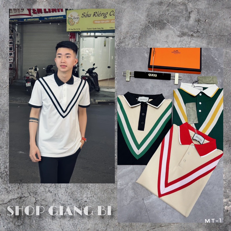 Áo polo chữ V thêu vạch xanh đỏ gc đơn giản,áo polo hưởng đá thêu chữ V cổ áo phong cách boy phố