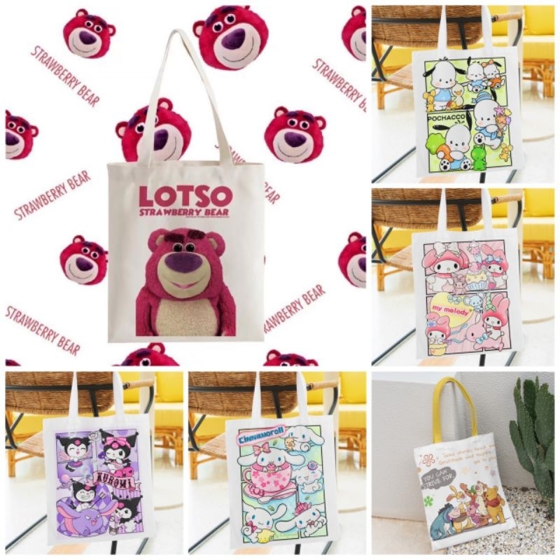 Túi tote vải nữ, túi canvas in hoạt hình, gấu dâu tây dễ thương