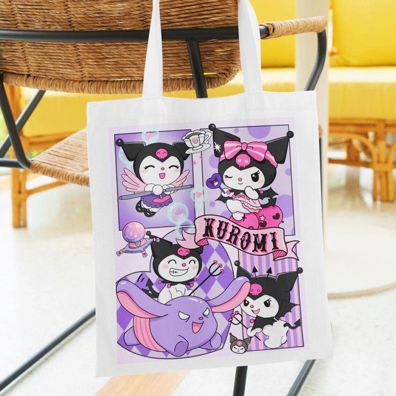 Túi tote vải nữ, túi canvas in hoạt hình, gấu dâu tây dễ thương