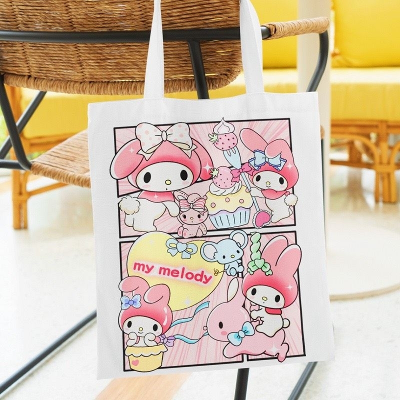 Túi tote vải nữ, túi canvas in hoạt hình, gấu dâu tây dễ thương