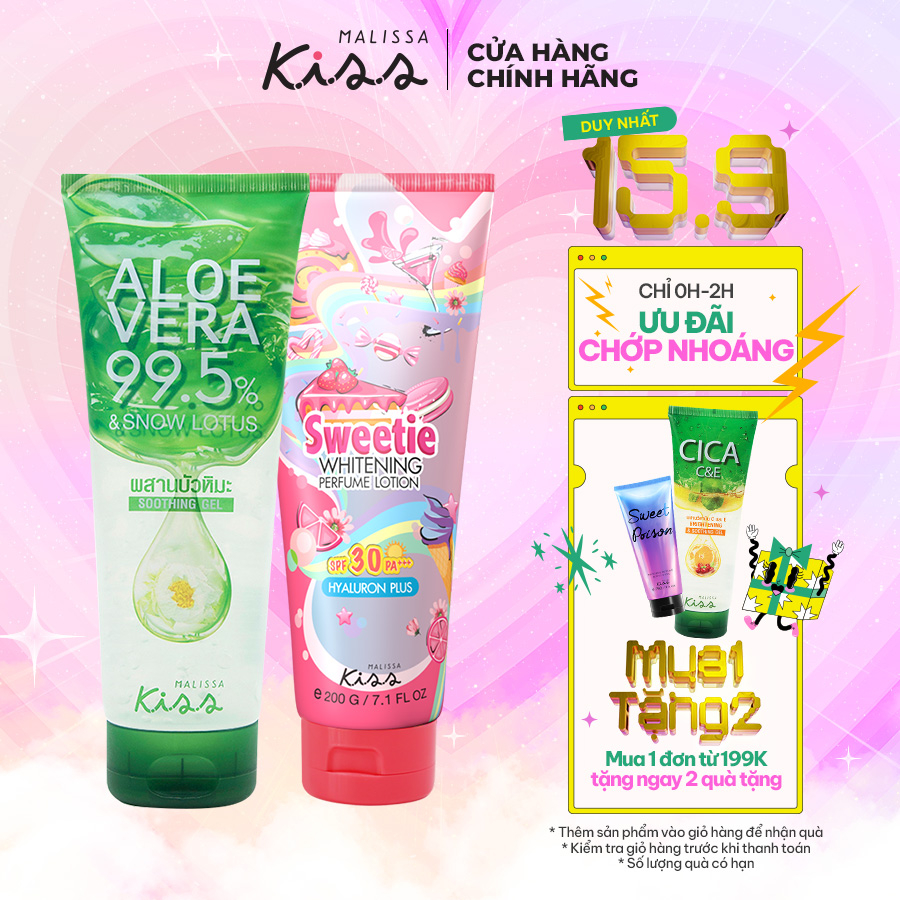 Bộ đôi Dưỡng Ẩm Chống Nắng Hương Nước Hoa Malissa Kiss SPF30 Pa+++ Sweetie và Gel Aloe Vera 99.5% Nha đam, sen tuyết