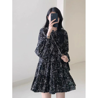 Váy babydoll hoa nhí đen dài tay thắt nơ Ulzzang
