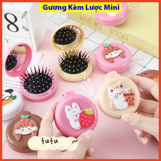 Gương kèm lược massage mini có thể gấp, gương lược cầm tay gấp gọn bỏ túi tiện lợi phong cách cute