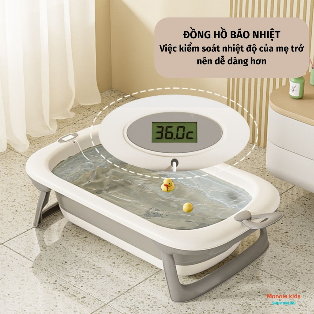 Chậu tắm báo nhiệt INHA cho bé 23x50x84cm, thau tắm đa năng trẻ em gấp gọn cao cấp an toàn