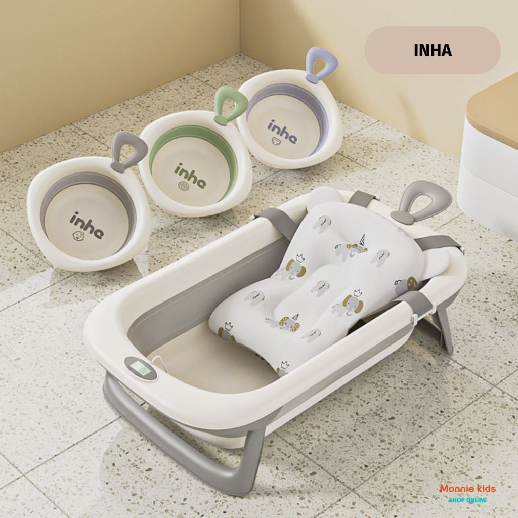 Chậu tắm báo nhiệt INHA cho bé 23x50x84cm, thau tắm đa năng trẻ em gấp gọn cao cấp an toàn