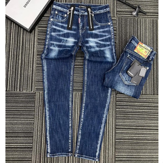  Quần jean bò nam DSQ2 biker slimfit xanh trơn thêu 2 khoá zip dọc eo phối mài xước đơn giản basic mặc cực đẹp 
