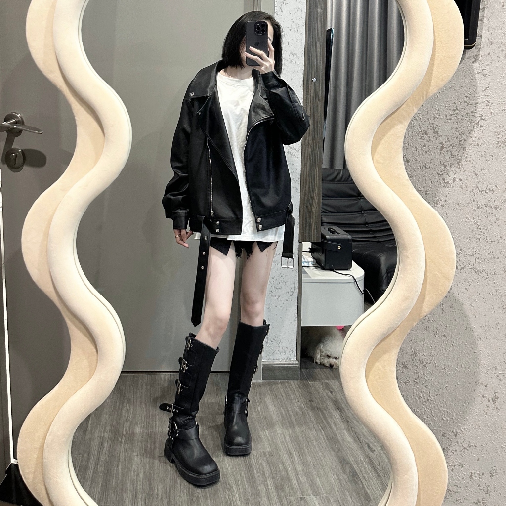 Áo khoác da nữ cao cấp FEELSY phong cách hàn quốc khóa kéo chéo dáng rộng màu đen 2026