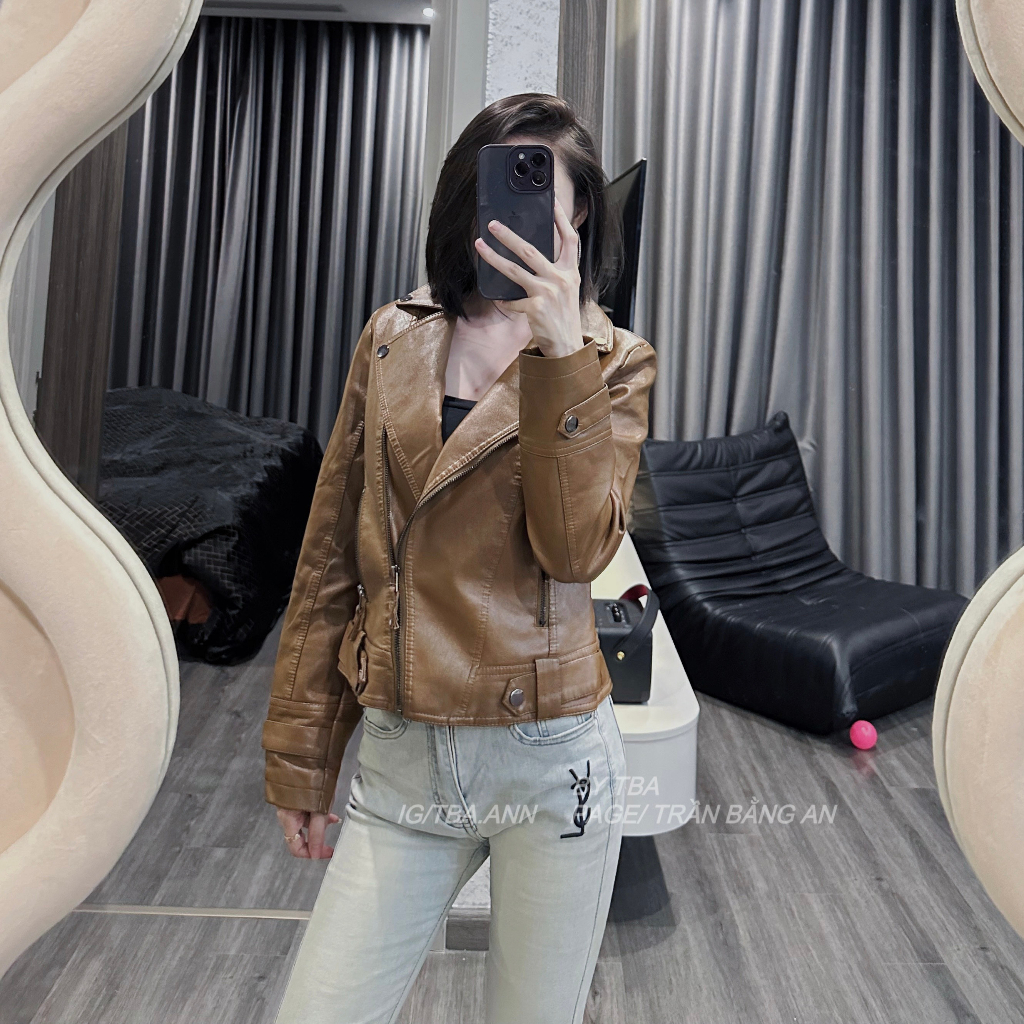 Áo khoác da nữ FEELSY cổ bẻ khóa kéo chéo dáng ôm boby tôn dáng màu nâu 7801