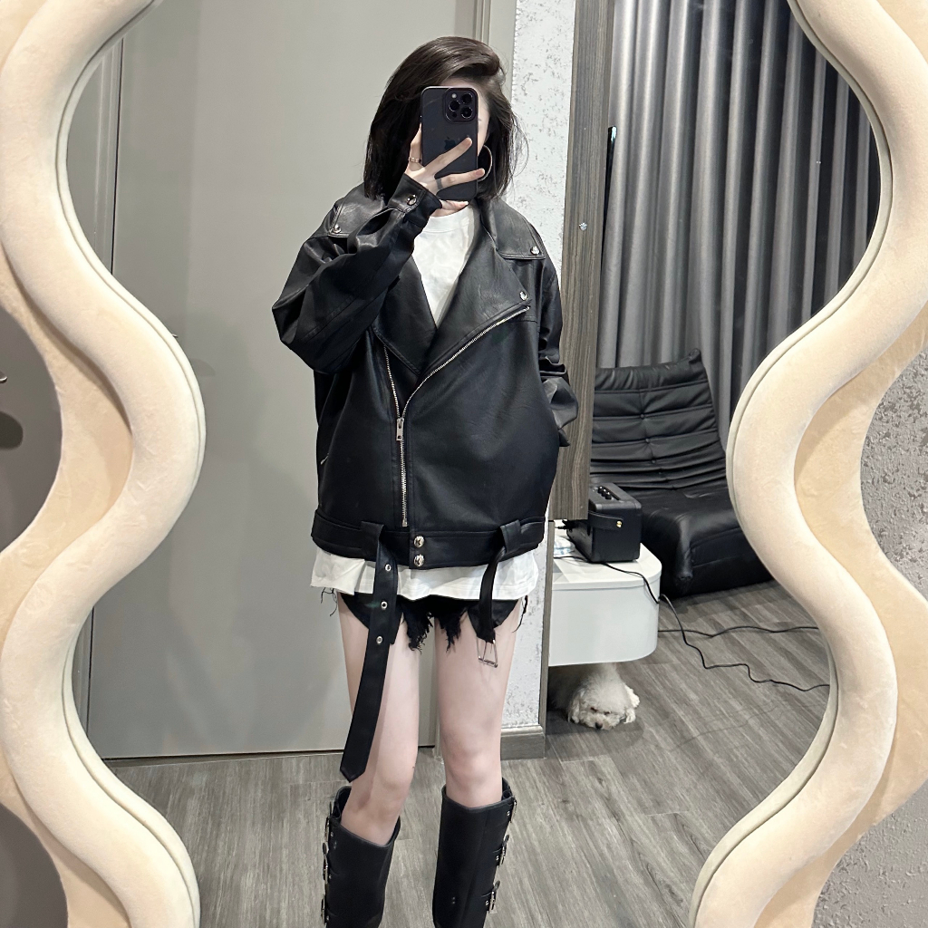 Áo khoác da nữ cao cấp FEELSY phong cách hàn quốc khóa kéo chéo dáng rộng màu đen 2026