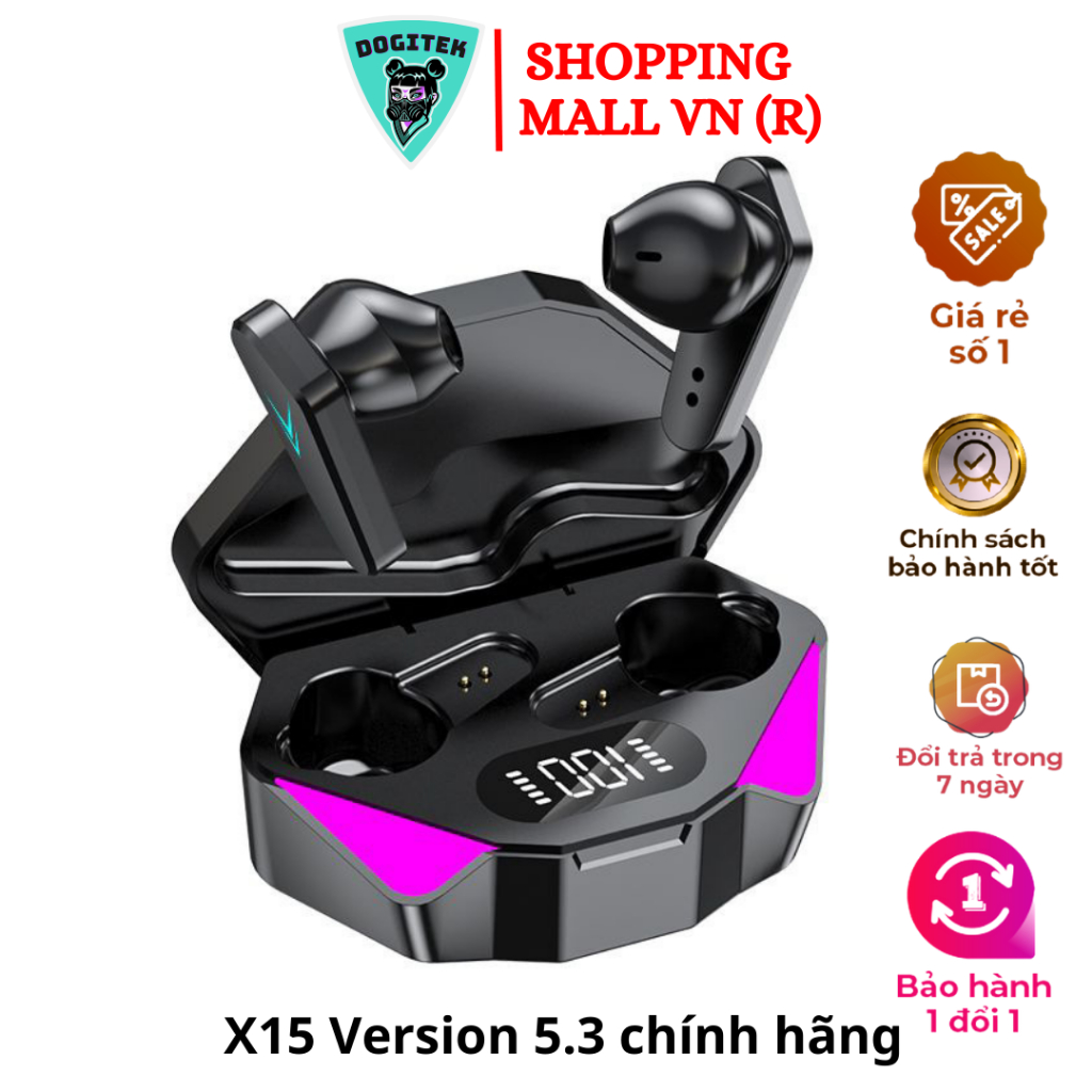 Tai nghe Gaming X15 bản 2023, chip bluetooth 5.3, chính hãng Dogitek, LED RGB, trễ âm cực thấp, chế độ kép Game và nhạc