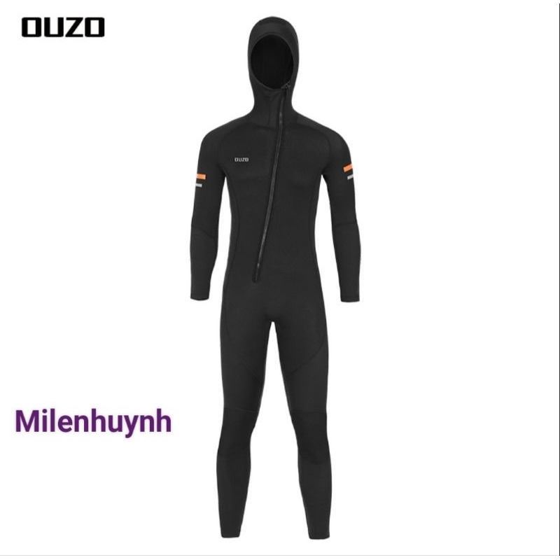 Đồ lặn nam liền mũ 1.5mm Ouzo BCM2004 có sọc ngang màu cam ở cánh tay, dây kéo phía trước màu đen nam tính