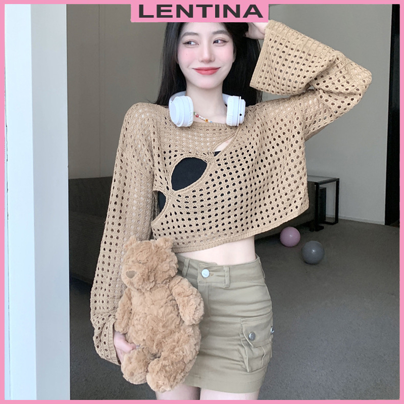 Áo lưới croptop tay dài len nữ kiểu khoét ngực from rộng dáng ngắn dệt kim chống nắng thời trang phong cách Hàn Quốc