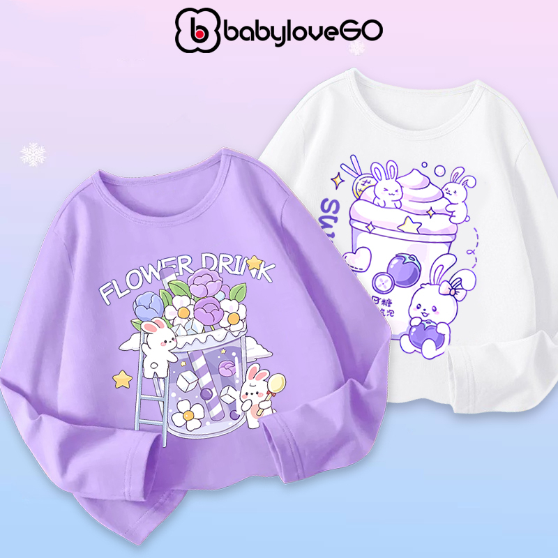 Combo 2 áo dài tay bé gái BabyloveGO 2024 áo thu đông cổ tròn chất thun cotton