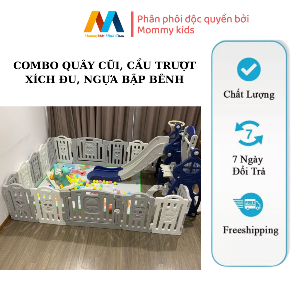 COMBO QUÂY CŨI, CẦU TRƯỢT XÍCH SIZE LỚN NHẤT, NGỰA BẬP BÊNH TẶNG 100 BÓNG, 1 THẢM, 1 COMBO NÉM BÓNG RỔ, GẤU KỂ CHUYỆN