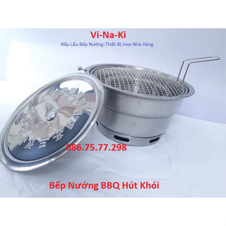 Bếp nướng BBQ hút khói dương, âm bàn nhà hàng, inox tại bàn, than hoa không khói, inox dẫn khí trên trần,