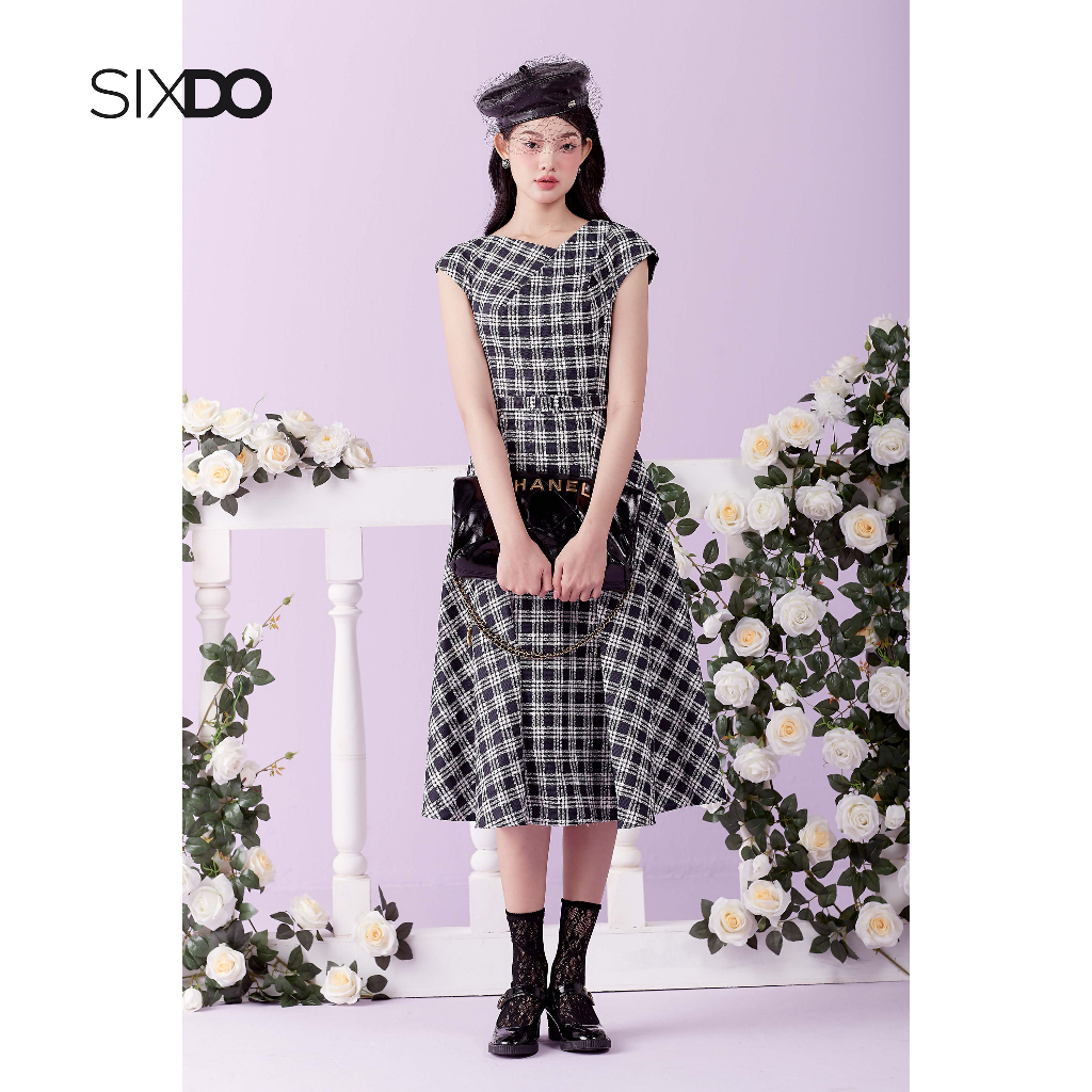 Đầm midi tay hến dáng xòe SIXDO (Black Check Midi Raw Dress)