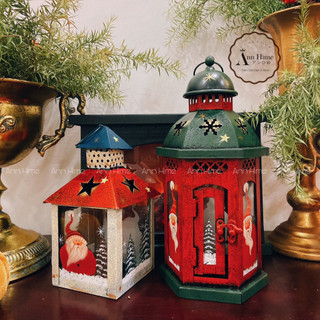 Đèn lồng - giá đỡ nến - đèn cầy bằng sắt mặt kính phong cách noel vui vẻ