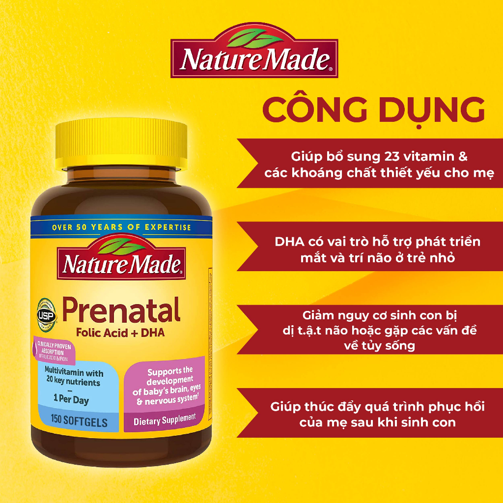 Viên uống Nature Made Prenatal Folic Axit + DHA 150 viên bổ sung vitamin tổng hợp, khoáng chất thiết yếu cho mẹ bầu