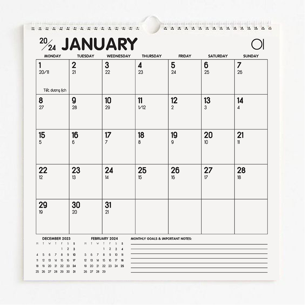 Lịch treo tường 2024  - có lịch âm note ngày lễ Việt Nam, ghi chú planner