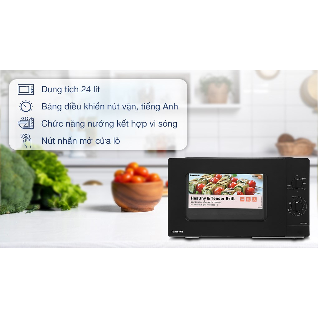 Lò vi sóng Panasonic GM34NBYUE 24 lít, có nướng, mặt đen sang trọng, chính hãng, bảo hành 12 tháng