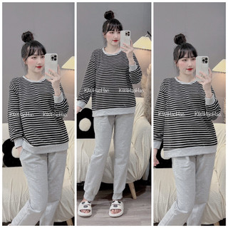 Bộ bầu , bộ bầu mặc nhà cho con bú kẻ vén tí nỉ dày dặn form dáng dễ mặc thoải mái cho các Mẹ