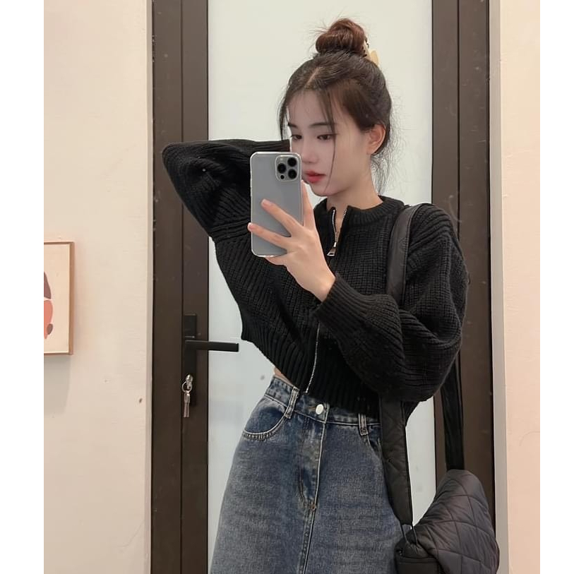 Áo khoác len nữ VMSTYLE cardigan croptop trơn tay dài dây kéo basic đi làm, đi chơi thời trang thu đông 1015 - KLU00033