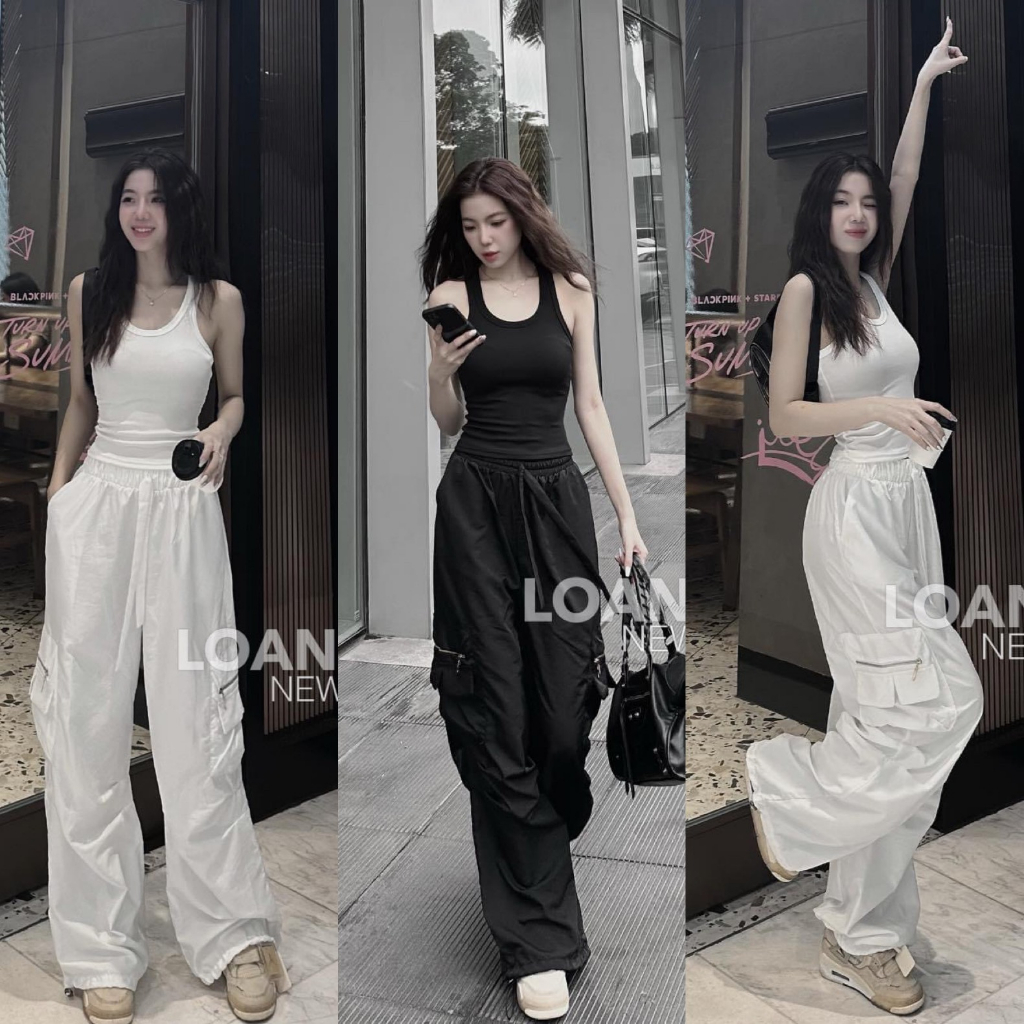 Set bộ đồ nữ áo ba lỗ body phối quần suông với 2 tone màu basic đơn giản, cá tính cho các nàng yêu diện ở nhà, đi chơi