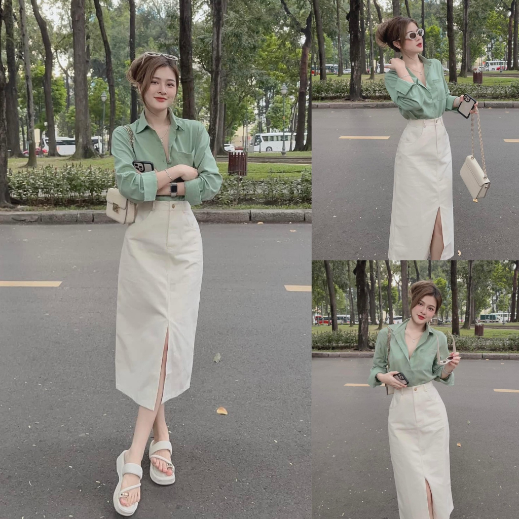 Set bộ đồ nữ áo sơ mi dài tay mix chân váy kaki xẻ tà với tone màu xanh - trắng nhẹ nhàng, xinh xắn
