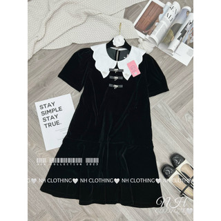 Váy nhung cổ lượn nơ đá sm
