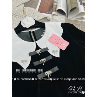 Váy nhung cổ lượn nơ đá sm