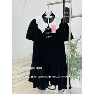Váy nhung cổ lượn nơ đá sm