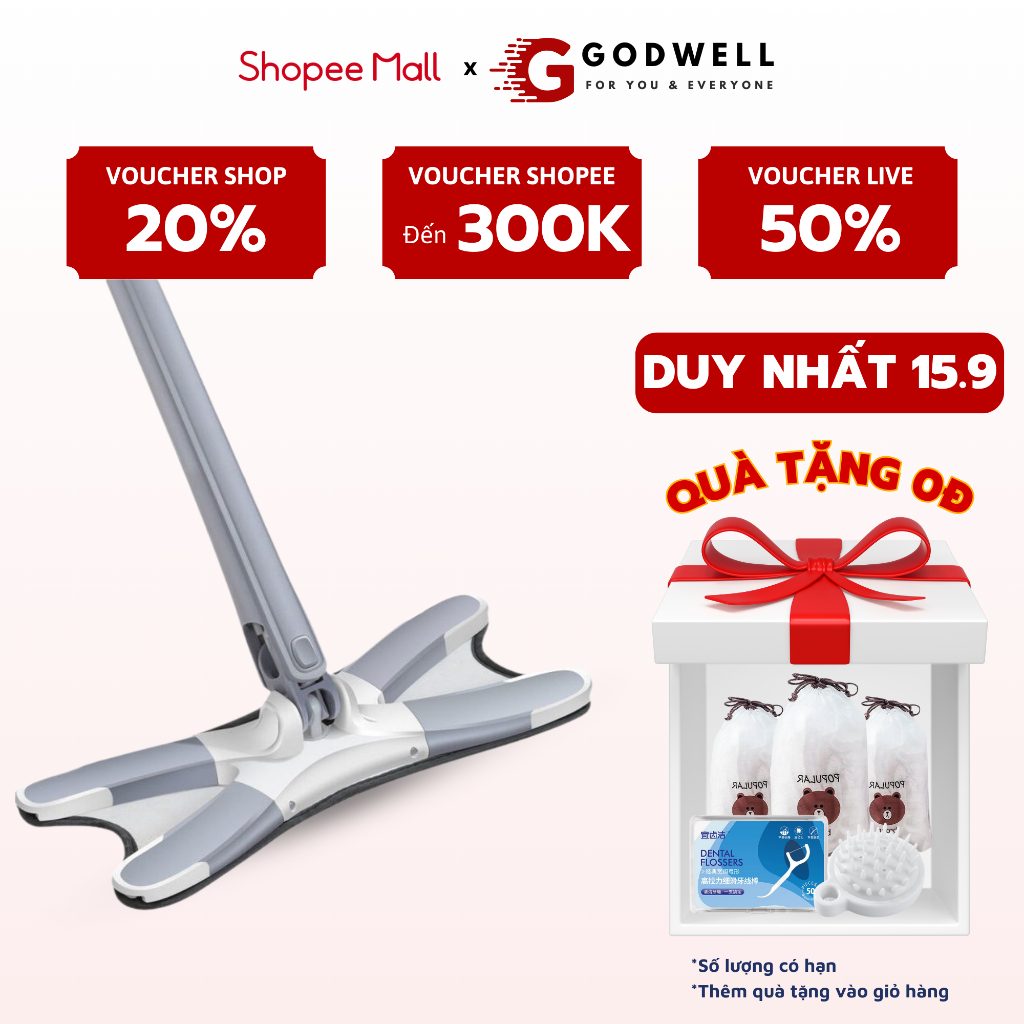 Chổi Lau Nhà Tự Vắt Xoay 360 Độ Chữ X GODWELL Gấp Gọn Kéo Dài 1M4 Lau Sàn Siêu Sạch Siêu Thấm