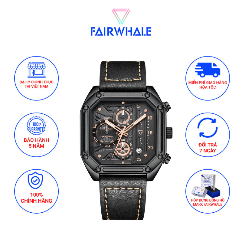 Đồng Hồ Nam Chính Hãng Mark Fairwhale FW005 Mặt Vuông Size 41mm Dây Da Cao Cấp 30m Kính Cường Lực Mang Phong Cách Âu Mỹ