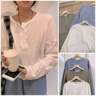 Áo len xốp dài tay cổ tròn khuy cúc dọc ,áo len nữ thu đông phong cách Hàn Quốc