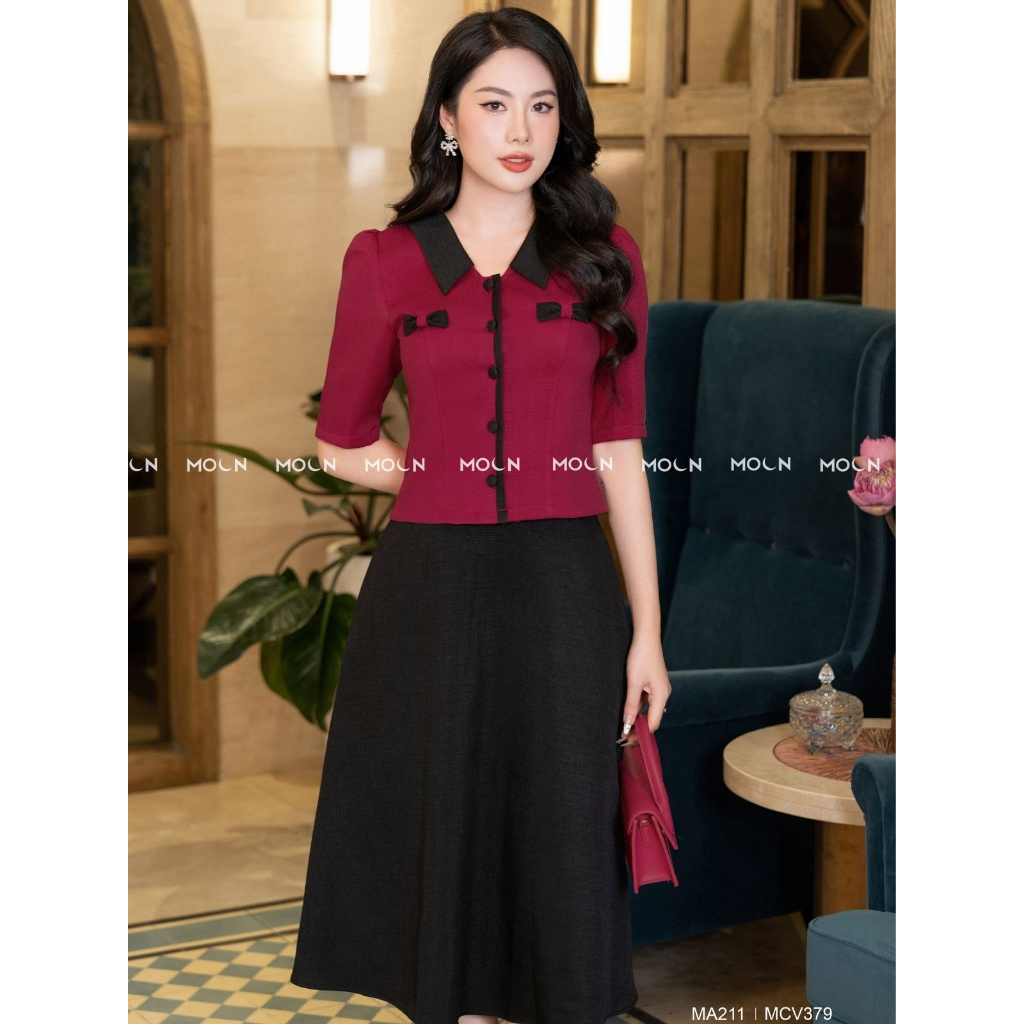 Áo sơ mi chân váy công sở 𝐌𝐎𝐎𝐍, áo dáng ngắn mix chân váy dài basic chất text chun sang chảnh MA211-MCV379