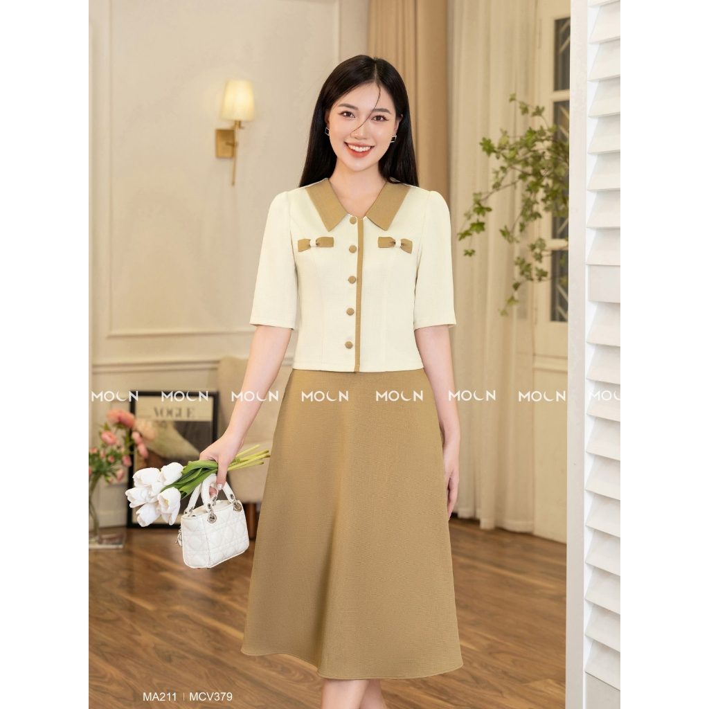 Áo sơ mi chân váy công sở 𝐌𝐎𝐎𝐍, áo dáng ngắn mix chân váy dài basic chất text chun sang chảnh MA211-MCV379