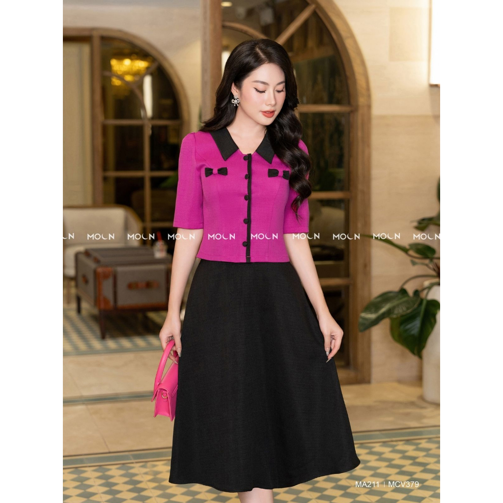 Áo sơ mi chân váy công sở 𝐌𝐎𝐎𝐍, áo dáng ngắn mix chân váy dài basic chất text chun sang chảnh MA211-MCV379