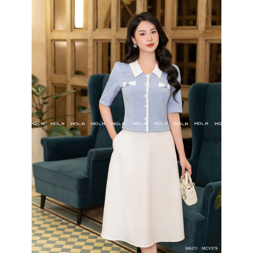 Áo sơ mi chân váy công sở 𝐌𝐎𝐎𝐍, áo dáng ngắn mix chân váy dài basic chất text chun sang chảnh MA211-MCV379