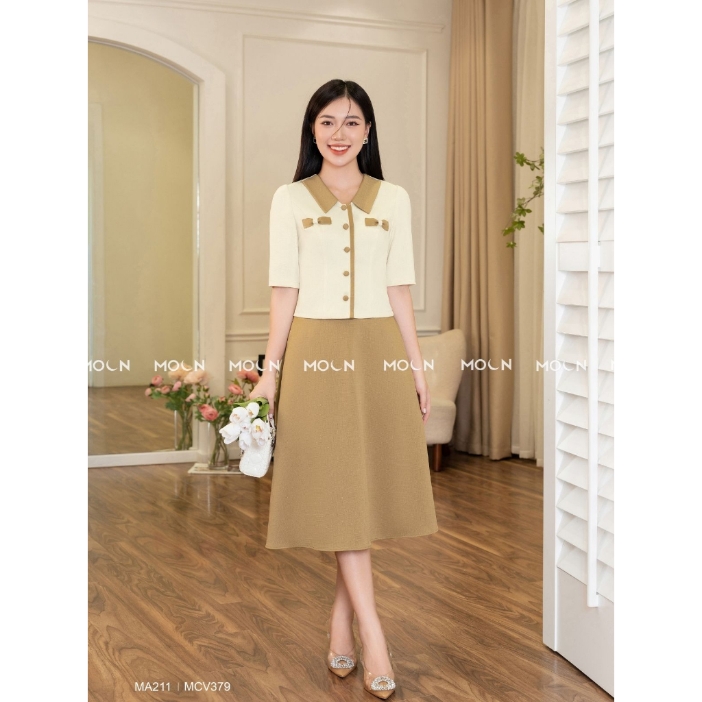 Áo sơ mi chân váy công sở 𝐌𝐎𝐎𝐍, áo dáng ngắn mix chân váy dài basic chất text chun sang chảnh MA211-MCV379