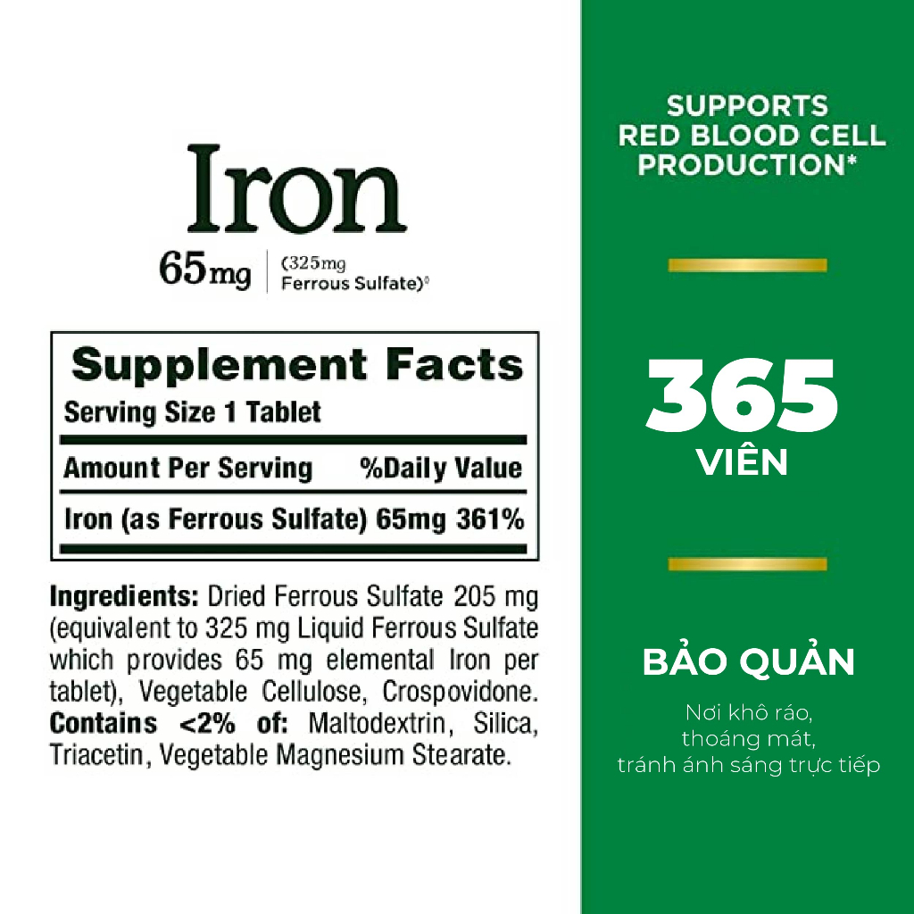 Viên uống Iron 65mg Nature Made 365 viên bổ sung sắt, bổ máu, tăng cường miễn dịch, duy trì hoạt động hệ thần kinh