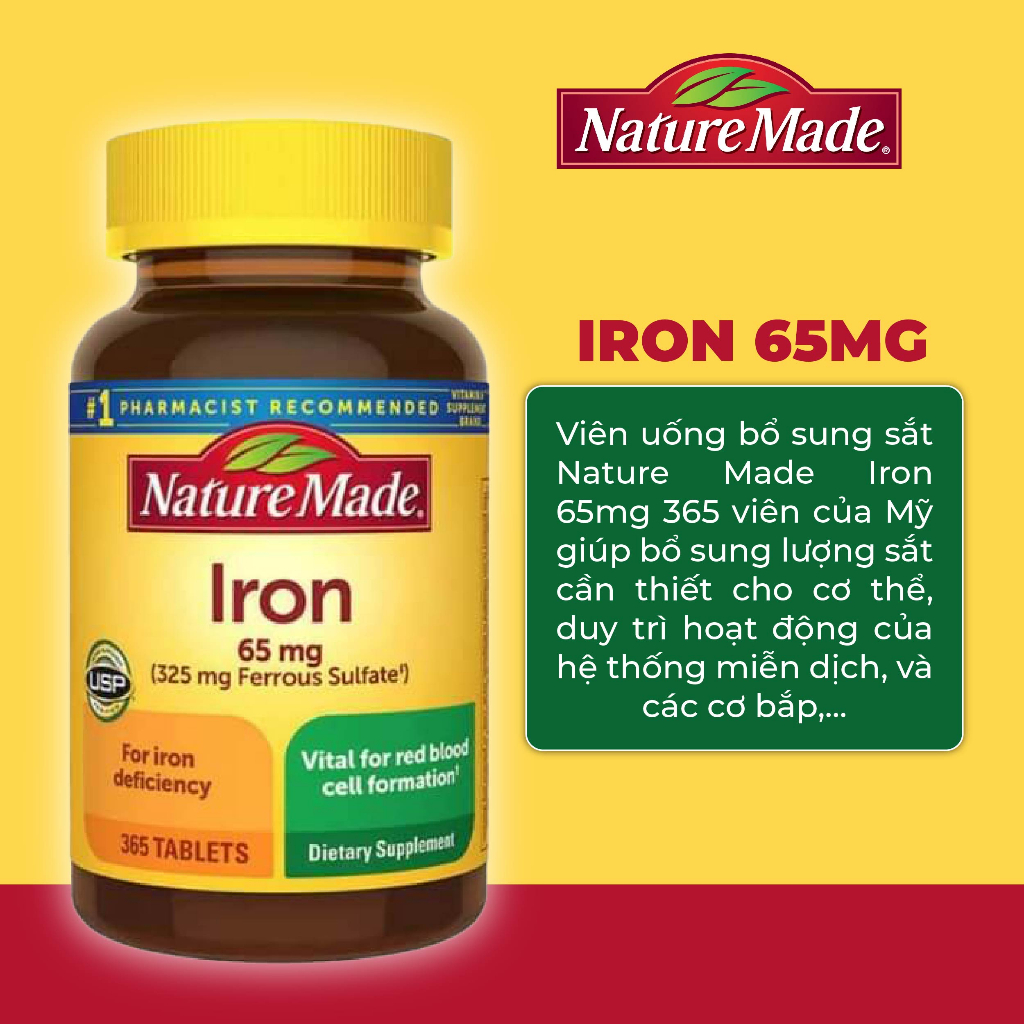 Viên uống Iron 65mg Nature Made 365 viên bổ sung sắt, bổ máu, tăng cường miễn dịch, duy trì hoạt động hệ thần kinh