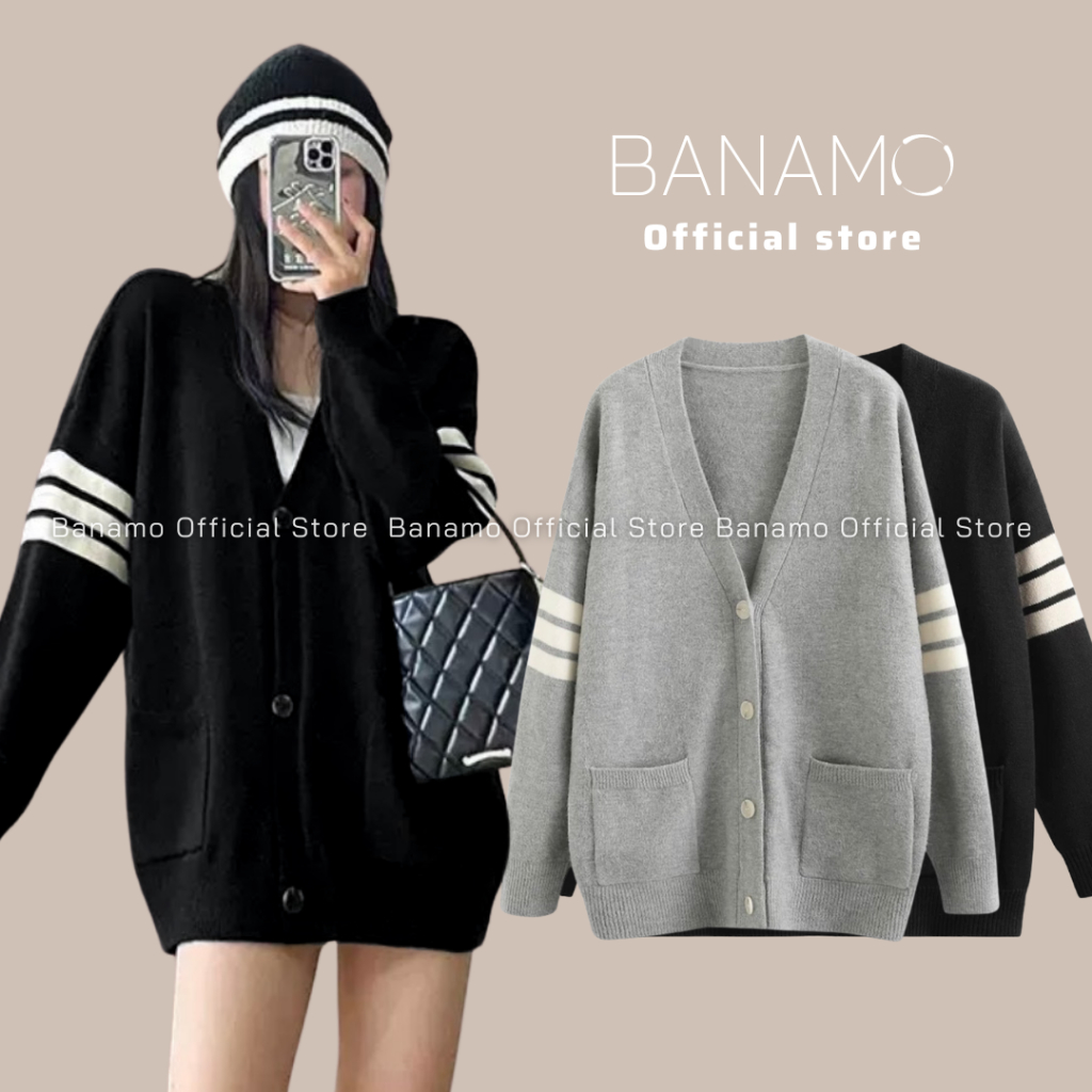 Áo khoác len Banamo Fashion áo len cardigan cổ V dài tay phối sọc kẻ 3437