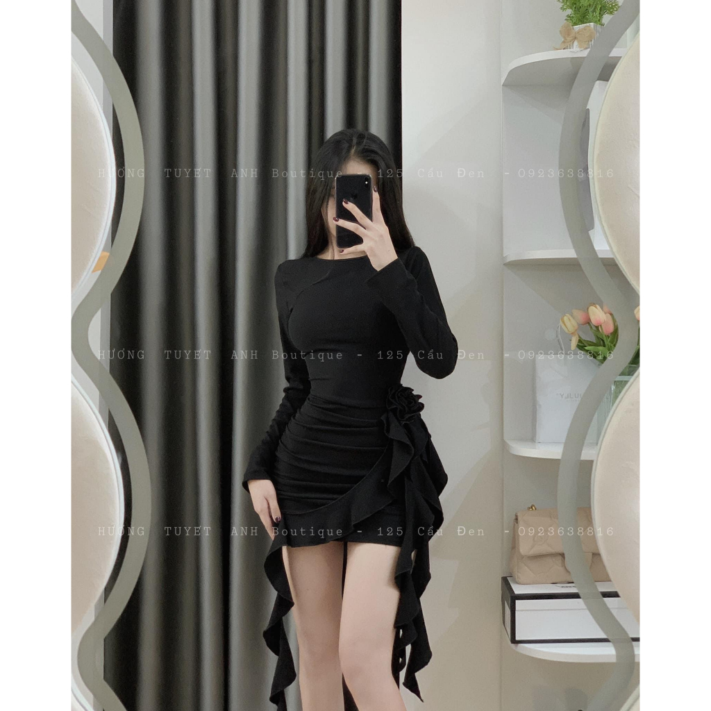 Đầm nhúng hoa eo tay dài KÈM ẢNH THẬT