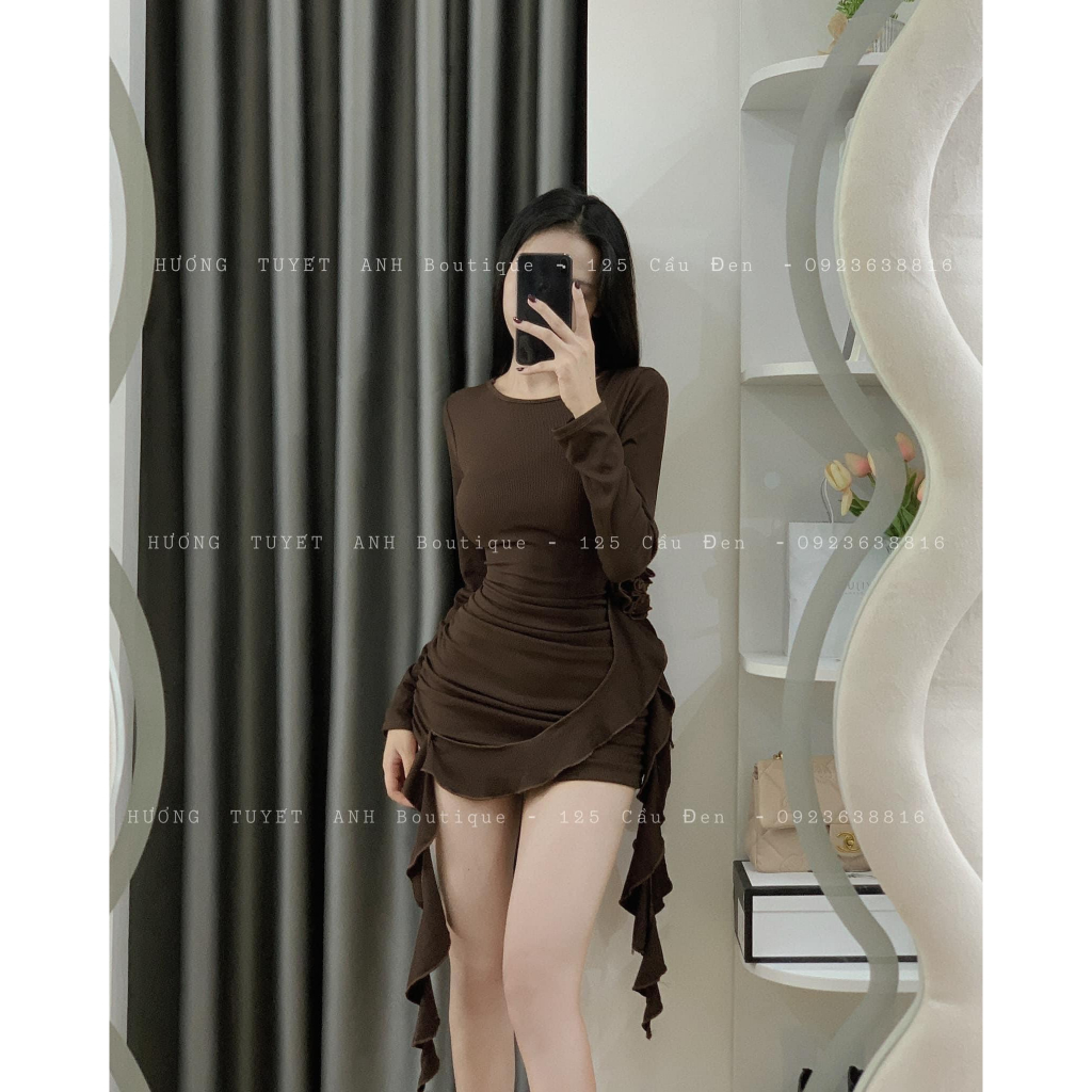 Đầm nhúng hoa eo tay dài KÈM ẢNH THẬT