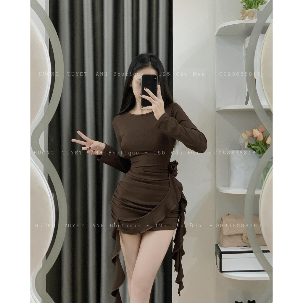 Đầm nhúng hoa eo tay dài KÈM ẢNH THẬT
