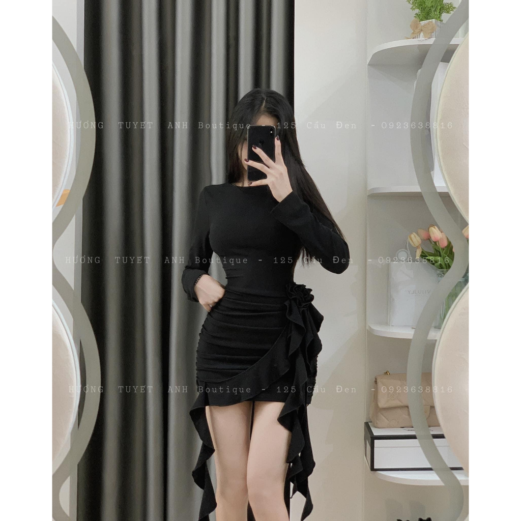 Đầm nhúng hoa eo tay dài KÈM ẢNH THẬT