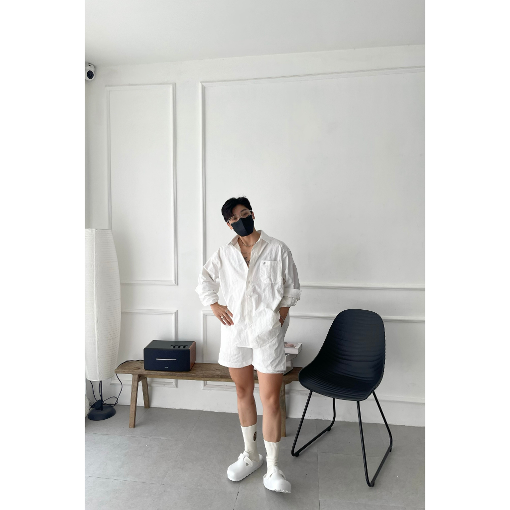 Set áo sơmi quần short nylon dù phong cách Hàn Quốc